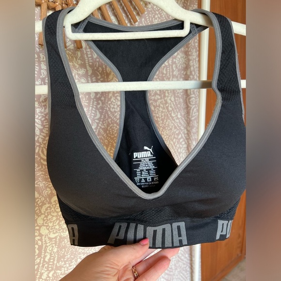 Puma Padded Racerback Structured Black and Gray Signature Sports Bra - Picture 2 of 10
